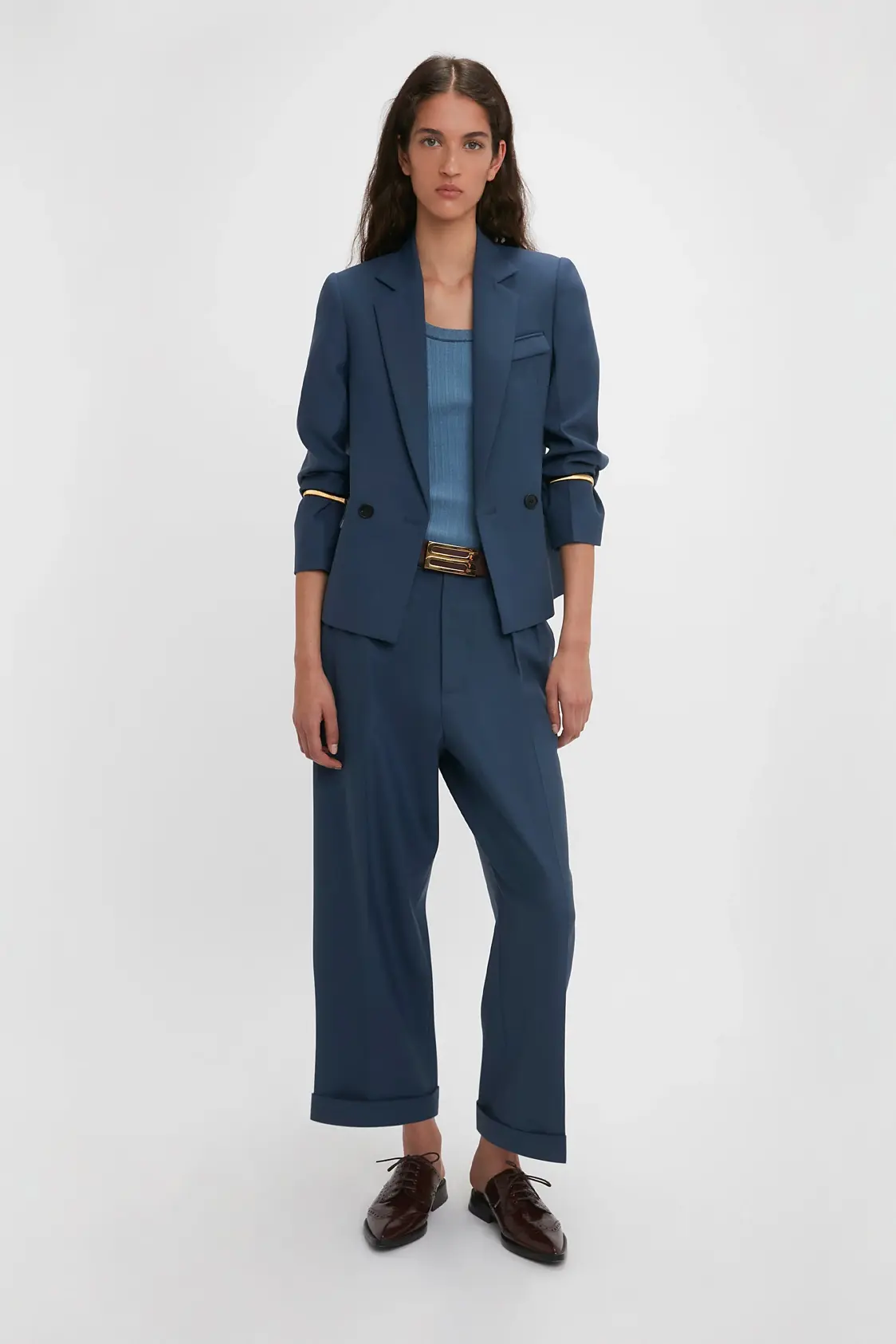 Jaqueta Cropped Transpassada em Azul Heritage