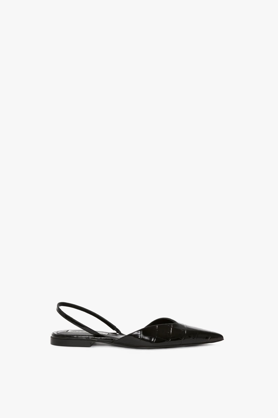 Sling Back Decote em V em Couro Efeito Croco Preto
